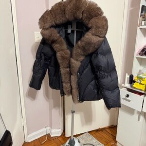 Black Puffer Jacket with Brown Fur Trim